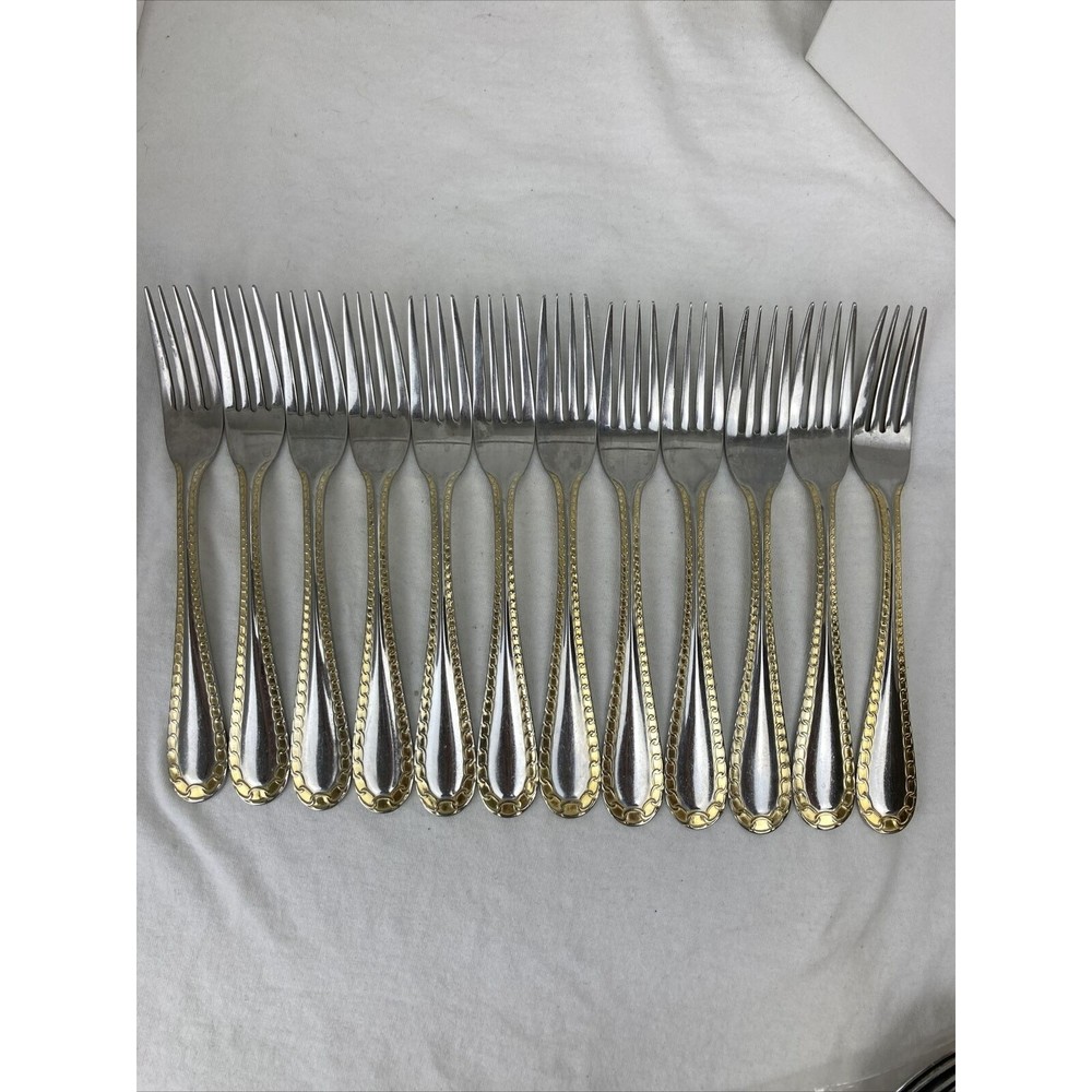 12 Retroneu GOLD ACCENT Chain 7 3/4” 18/8 Korea Stainless Dinner Fork Quality